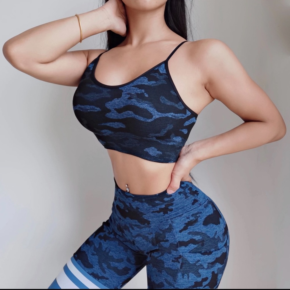 Blue Camouflage Sports Bra with Spaghetti Straps